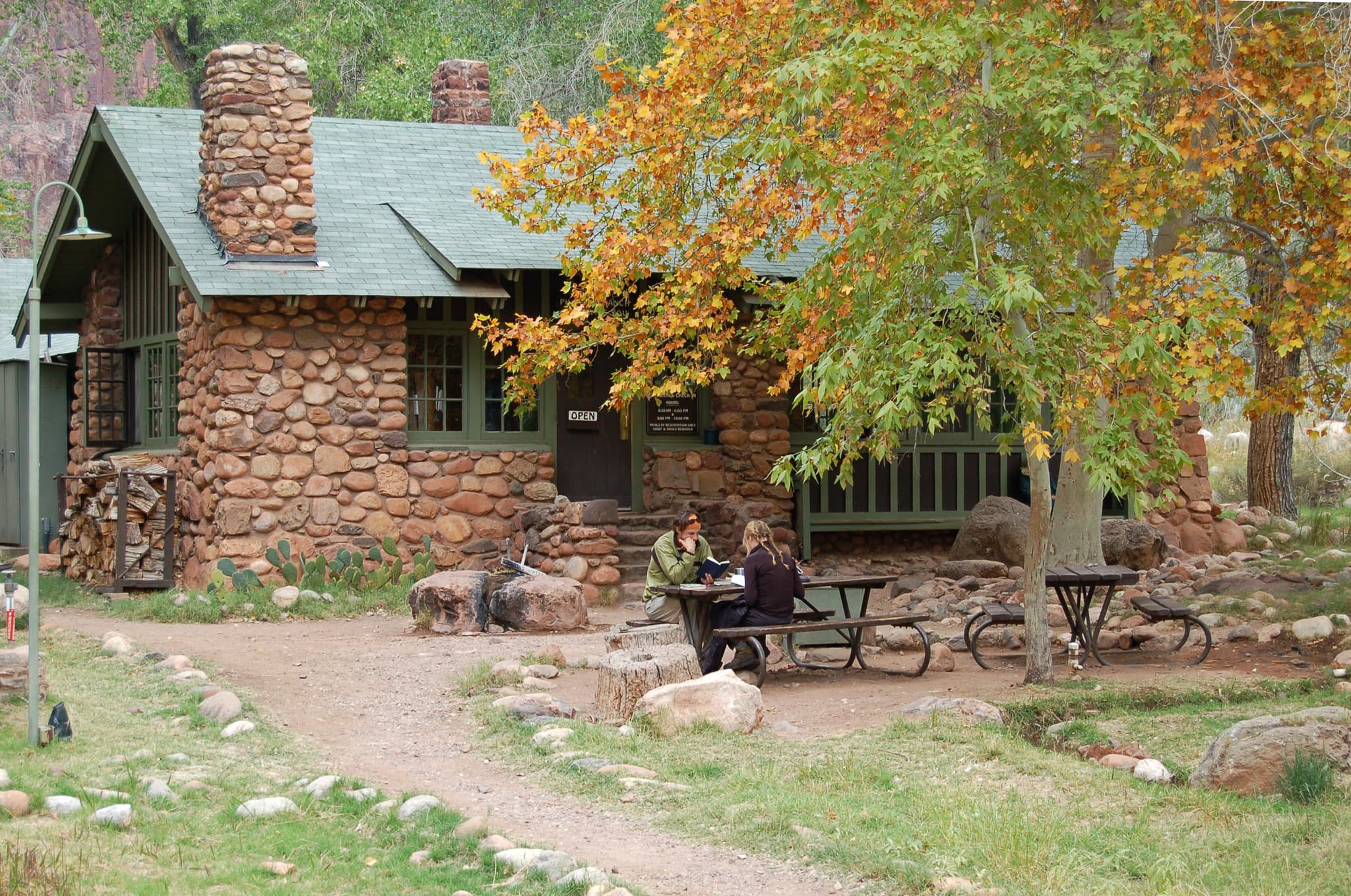The Phantom Ranch canteen building, surrounded by cottonwood trees in fall color