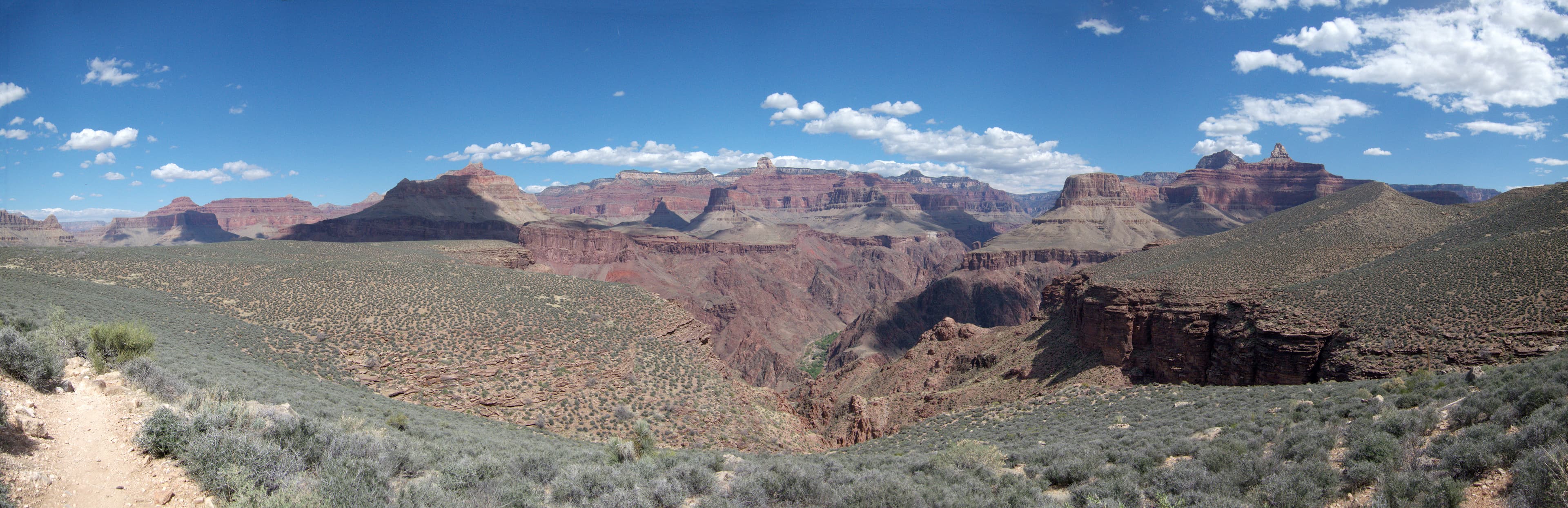 Phantom Ranch seen from the Tonto Trail, a tiny green oasis at the bottom of the Grand Canyon